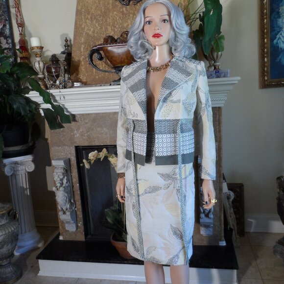 Tory Burch Light Green Multi Printed Quilted/Tweed Skirt Suit Size 4 - Picture 2 of 16